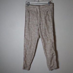 Athleta Womens Cabo Tide Linen Jogger Pants Size 4 Camo Beige Tie Waist Zipper